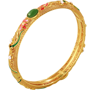 老银匠s925纯银手镯女款珐琅彩花丝镂空宫廷风新中式和田玉银镯子