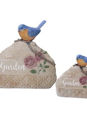 复古仿石头雕花鸟欢迎牌桌面摆件