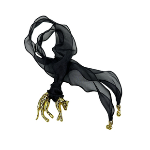 atmshop法式复古夸张金色立体豹子吊坠轻奢黑色丝带多用长款项链