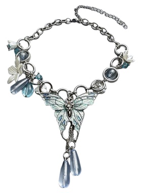 蓝色水晶蝴蝶花朵项链