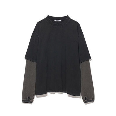 做旧水洗华夫纹假两件长袖T恤