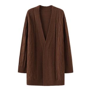 春竹/早秋新款V领宽松慵懒风气质纯羊毛中长款针织开衫外套毛衣女