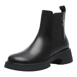 金利来厚底短靴女单靴秋冬加绒保暖女靴百搭圆头真皮黑色切尔西靴