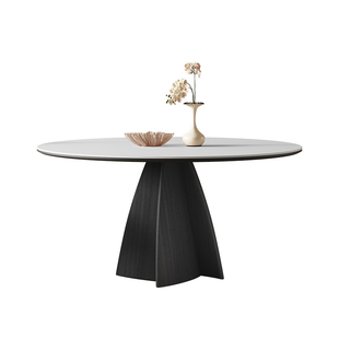 奥古斯特婉然法式复古风黑色实木餐桌带转盘现代简约纯白岩板圆桌