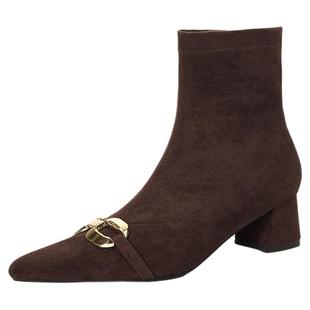 星期六韩版弹力方扣法式瘦瘦靴女小个子绒面细高跟短靴欧美弹力靴