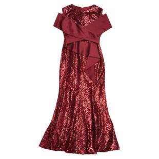 高雅轻熟名媛气质妈妈婚宴礼服酒红色喜婆婆装高端亮片露肩鱼尾裙