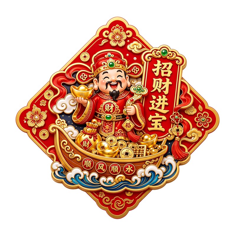 招财进宝墙贴财神如意财宝金船顺风顺水防水自粘喜庆装饰贴纸画