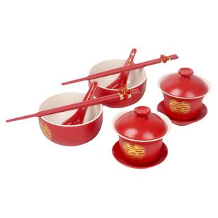 敬茶杯套装改口喜茶diy红色婚礼碗筷陶瓷敬酒杯结婚用品大全喜碗