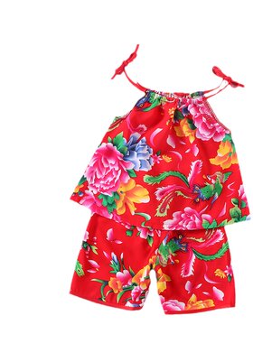 儿童家居服套装绵绸东北大花夏季