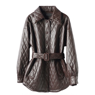 绵羊皮衣女中长款翻领系带韩版时尚皮夹克春季新款气质咖真皮外套