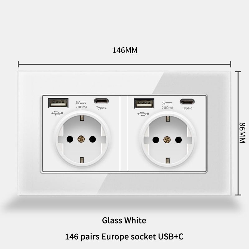 146型欧规德式德面板插座USB标标欧16A标Typec+USB钢化玻璃法面板