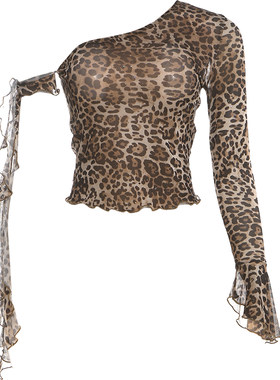 不规则单肩飘带修身长袖T恤女秋