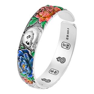 银千造 熊猫牡丹花足银999珐琅彩银手镯子纯银吉言牡丹银镯子女款