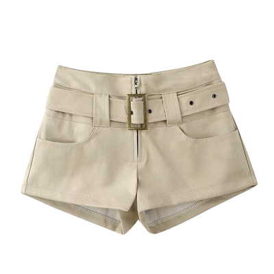 VIVICATHY2025秋辣妹皮复古麂皮休闲短裤女低腰佰搭杏色靴裤热裤