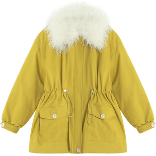 稀有概率 原创设计复古工装风羽绒服女中长款冬季毛领收腰派克服