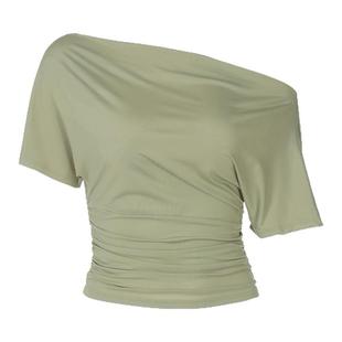 gusty夏季高智感御姐斜肩设计收腰上衣女辣妹通勤纯色百搭短袖T恤