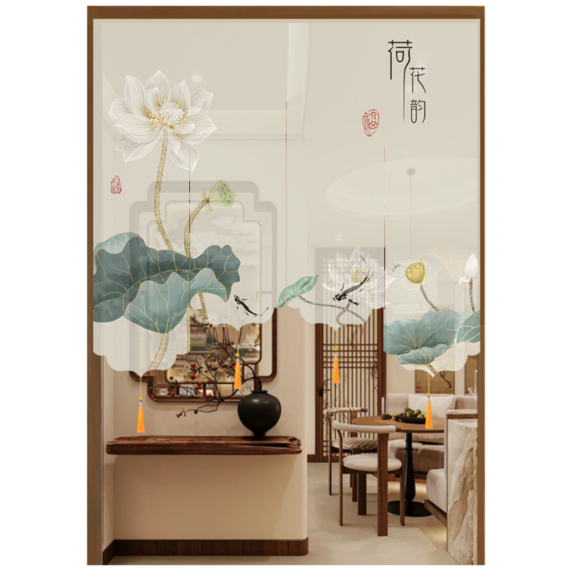 挂式屏风卷帘荷花免打孔新中式玄关国风门帘茶室书房餐厅软隔断