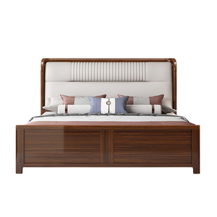 高端新中式乌金木实木床真皮双人主卧婚床2米x2米2.2大床高箱储物