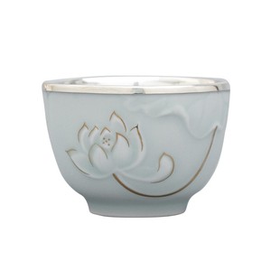 云艺堂 纯手工瓷包银茶杯999纯银内胆主人杯银板包银杯 描金莲花