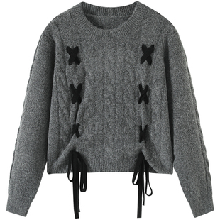 慕兔复古系带灰色长袖针织毛衣女2025新款秋季设计感小众宽松上衣