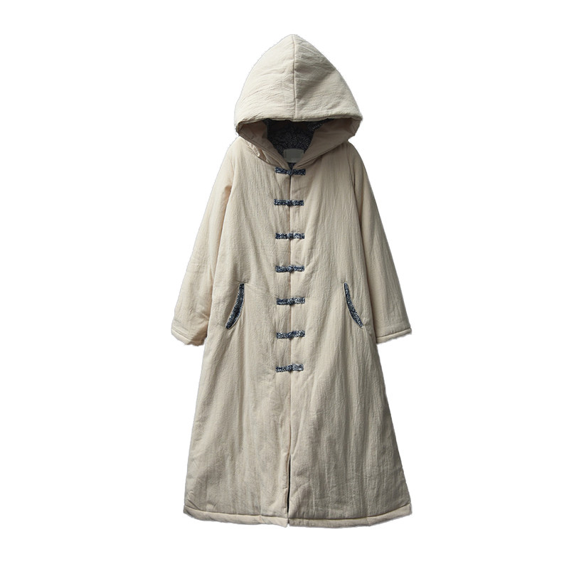 中国风棉衣女2025冬季长款棉麻夹棉带帽长袍加厚保暖复古斗篷外套