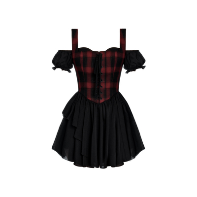 小众设计假两件红黑格胸衣裙