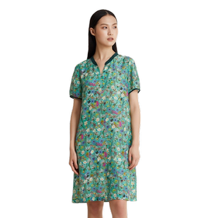 蒲PUKKA 真丝碎花连衣裙女宽松法式V领小个子休闲裙子