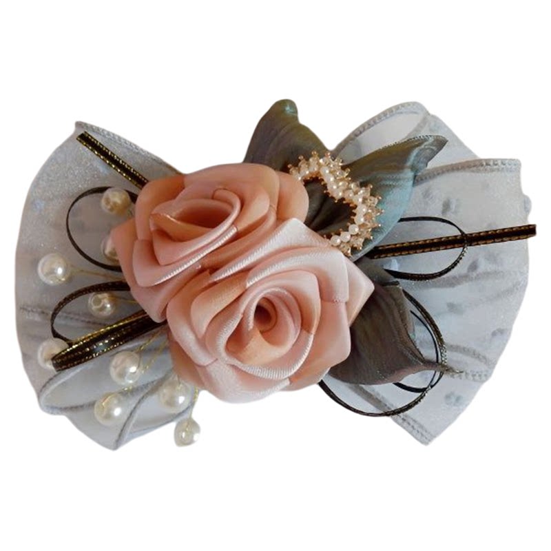 浅粉色玫瑰花灰色蝴蝶结弹簧夹
