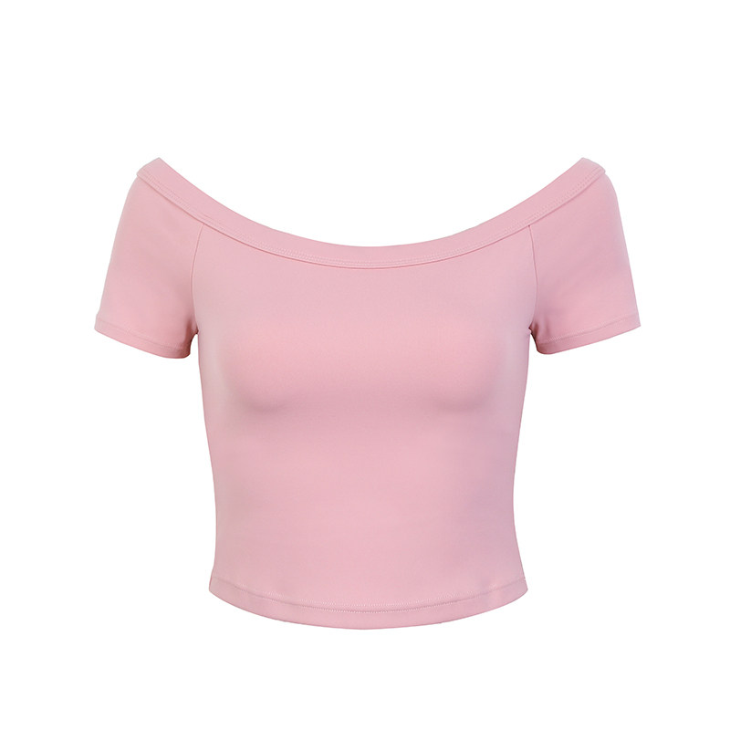 annerun一字领瑜伽服女带胸垫透气运动短袖修身普拉提健身服上衣