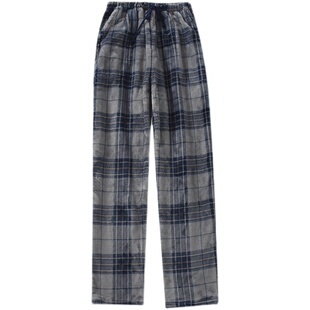 加厚法兰绒睡裤男冬季加绒保暖中年高腰大码格子直筒珊瑚绒家居裤