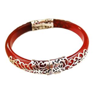 女镯子玛瑙手镯原创本命年红色手镯925银长青藤镯子开口雕花玉镯