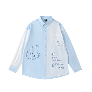 周深同款LAMLICKA小狗印花衬衫女潮拼接撞色薄款条纹宽松长袖外套