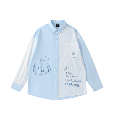 周深同款LAMLICKA小狗印花衬衫女潮拼接撞色薄款条纹宽松长袖外套