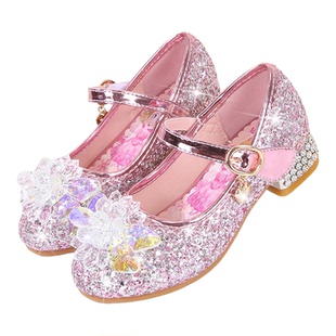 2026艾莎公主亮片粉色叶罗丽儿童高跟鞋水晶鞋女童配晚礼服的鞋子