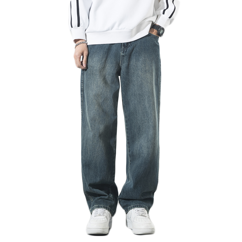 秋季水洗复古牛仔裤男宽松大码阔腿直筒裤休闲百搭美式垂感长裤潮