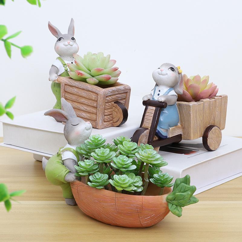 15卡通可爱小兔子树脂花盆批发小肉园艺家居创意多阳台盆栽花盆桌