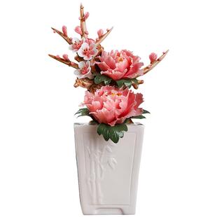 花开富贵陶瓷手工仿真牡丹花盆栽小摆件家居客厅装饰博古架工艺品