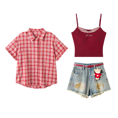 织物猪 盛夏繁星 甜美风红色宽松格纹衬衫上衣女休闲百搭短袖外套