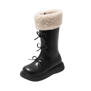 女童雪地靴美拉德公主风加绒长筒靴冬季高筒蝴蝶结毛绒口套裤管靴