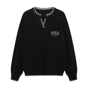 BIPOLARV领一字绣套头毛衣休闲宽松松弛感针织上衣慵懒内搭情侣款