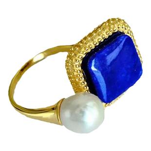 仿青金石方形几何戒指古风镀18K金小众文艺高级感戒指人造珍珠戒