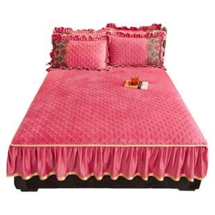 冬季加绒夹棉床笠罩带裙边牛奶绒单件加厚全包防滑床罩床围保护套