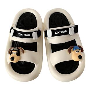 细细条 情侣外穿个性踩屎感厚底双带凉拖鞋夏可爱小狗沙滩鞋男女