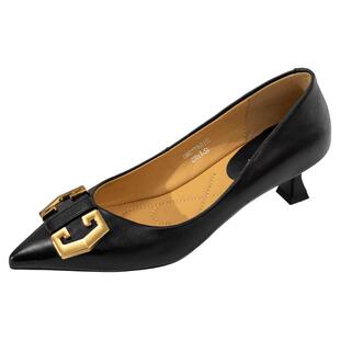 木林森尖头女鞋时尚浅口单鞋羊皮通勤鞋秋季黑色百搭套脚商务皮鞋