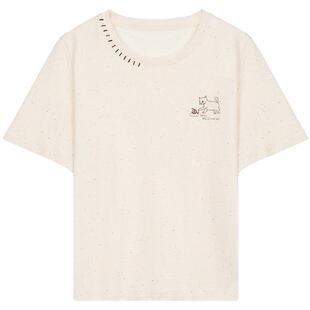LAGOGO猫咪刺绣纯棉米白色T恤女士拉谷谷2025年新款夏日短袖上衣