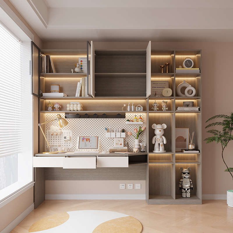 书桌书柜一体靠墙书房学习电脑桌带书架卧室学生家用办公写字桌