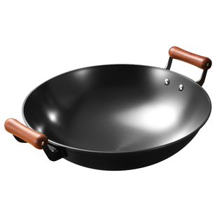 铸铁锅双耳炒锅家用铁锅圆底炒菜锅无涂层老式大铁锅电磁炉平底锅