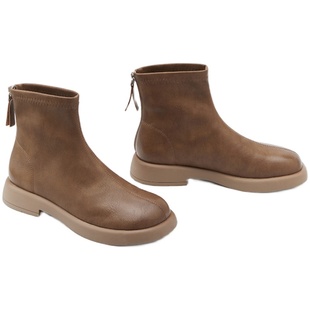 【王小毒】咖啡蜜豆●复古圆头瘦瘦短靴女英伦风粗跟短筒加绒短靴