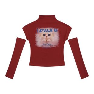 XXBUNI Kpop女团风跳舞上衣女猫咪印花上衣可拆卸jazz长袖背心T恤