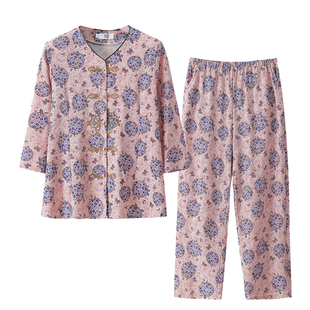 夏装开衫套装奶奶装七分袖衬衫上衣裤子妈妈女装家居服两件套女